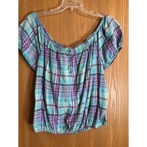 Womens peasant blouse blue purple plaid size 2X 20 Faded Glory off shoulder